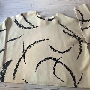 WynneLayers Women’s 1X Sweater Abstract Black Brushstroke Cream Pullover Knit